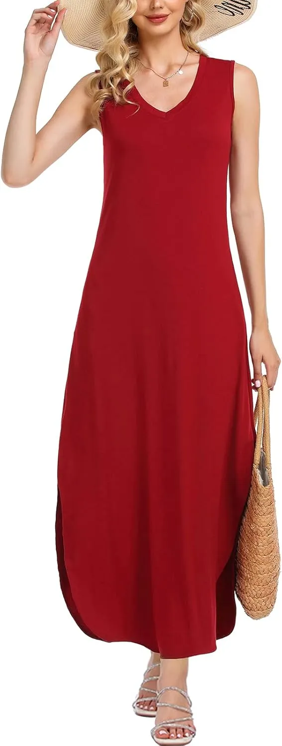 HUSKARY Women's Maxi Dresses V Neck Sleeveless Long Casual Dresses Loose Sundress with Pocket