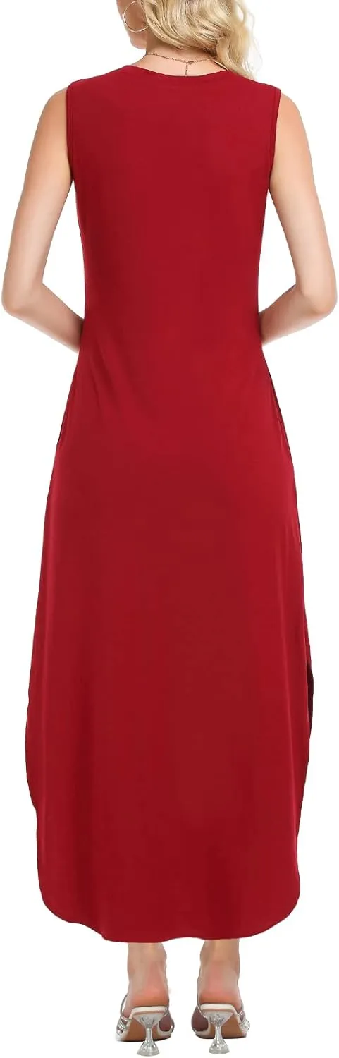 HUSKARY Women's Maxi Dresses V Neck Sleeveless Long Casual Dresses Loose Sundress with Pocket
