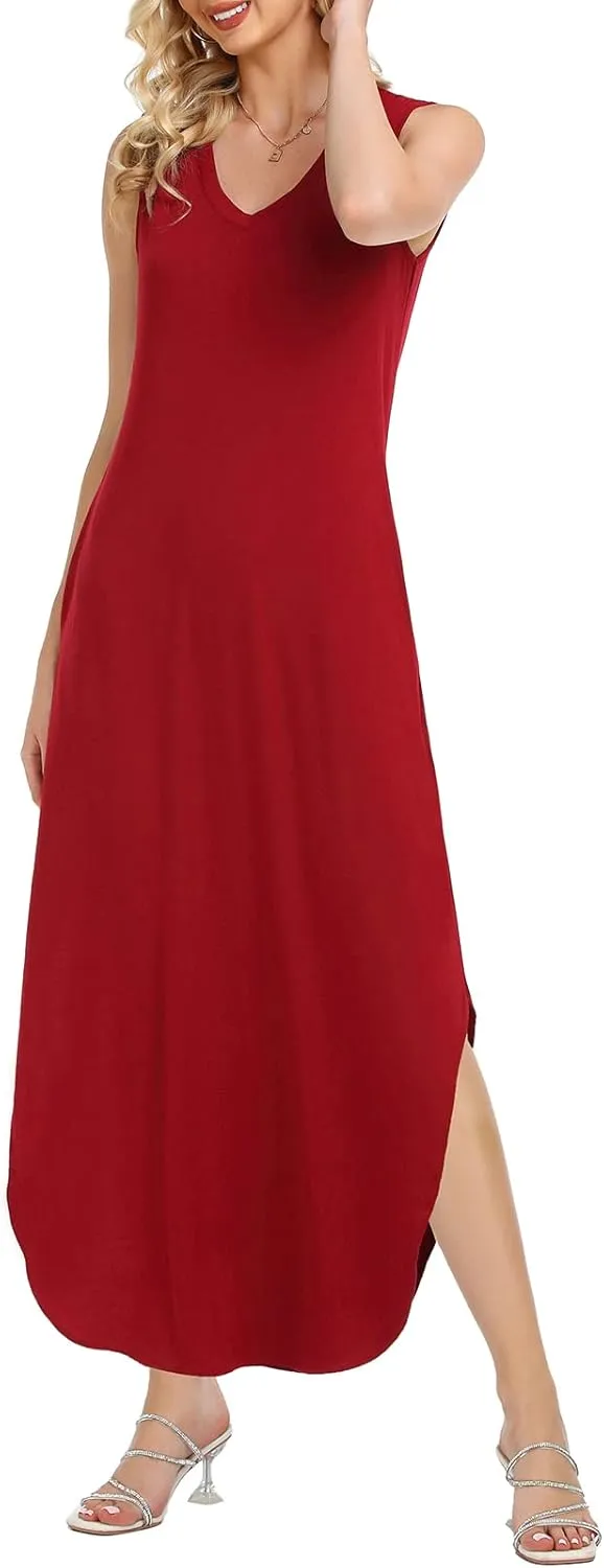 HUSKARY Women's Maxi Dresses V Neck Sleeveless Long Casual Dresses Loose Sundress with Pocket