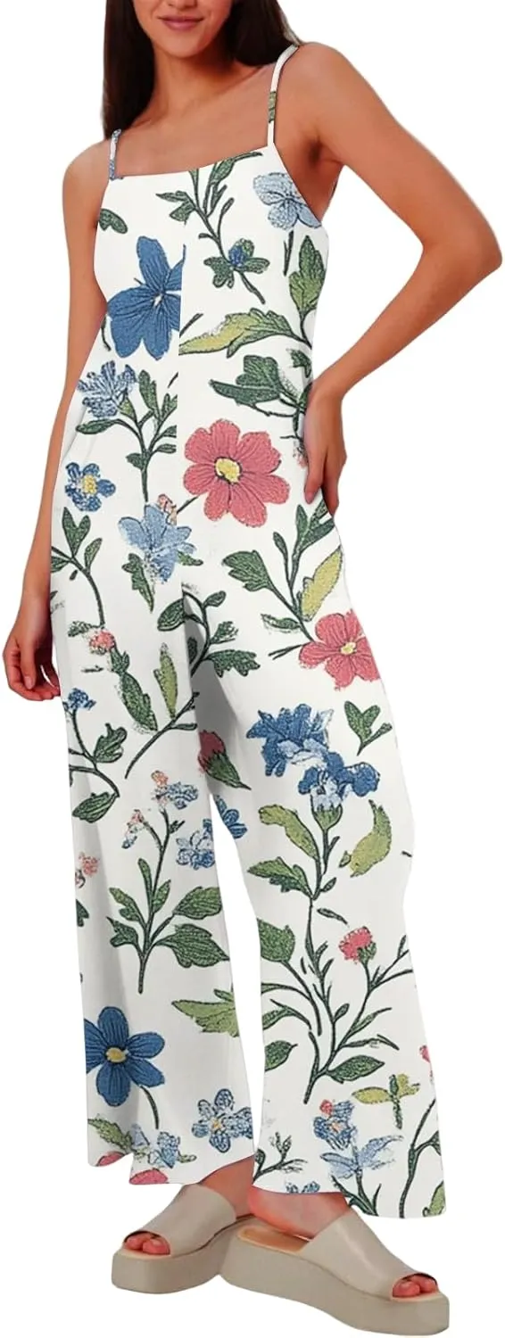 HXHYQKP Jumpsuits for Women Casual Beach Fashion Summer Boho Wide Leg Rompers Sleeveless Overalls with Pockets
