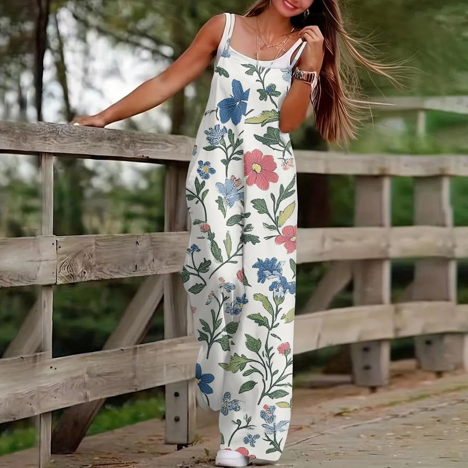 HXHYQKP Jumpsuits for Women Casual Beach Fashion Summer Boho Wide Leg Rompers Sleeveless Overalls with Pockets