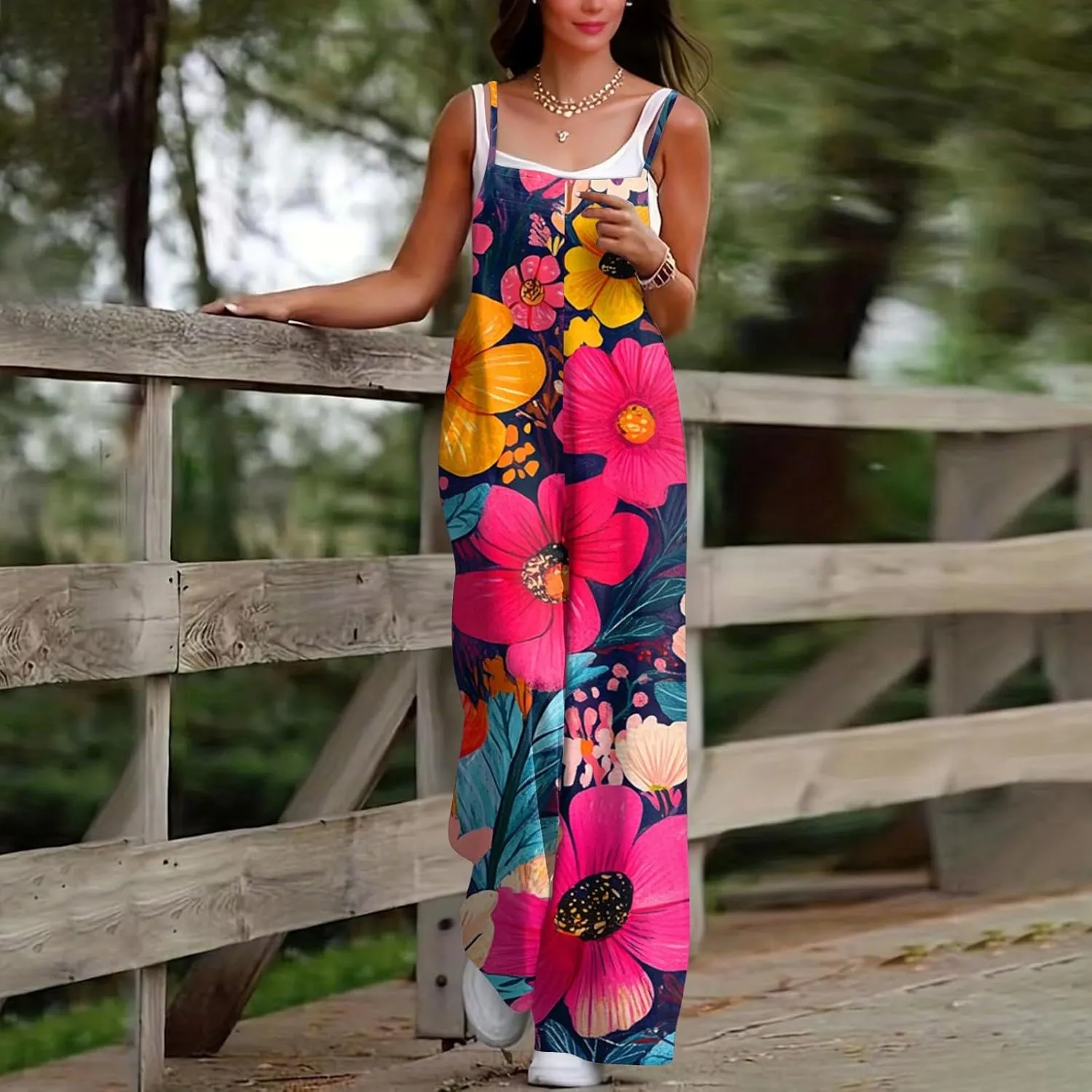 HXHYQKP Jumpsuits for Women Casual Beach Fashion Summer Boho Wide Leg Rompers Sleeveless Overalls with Pockets