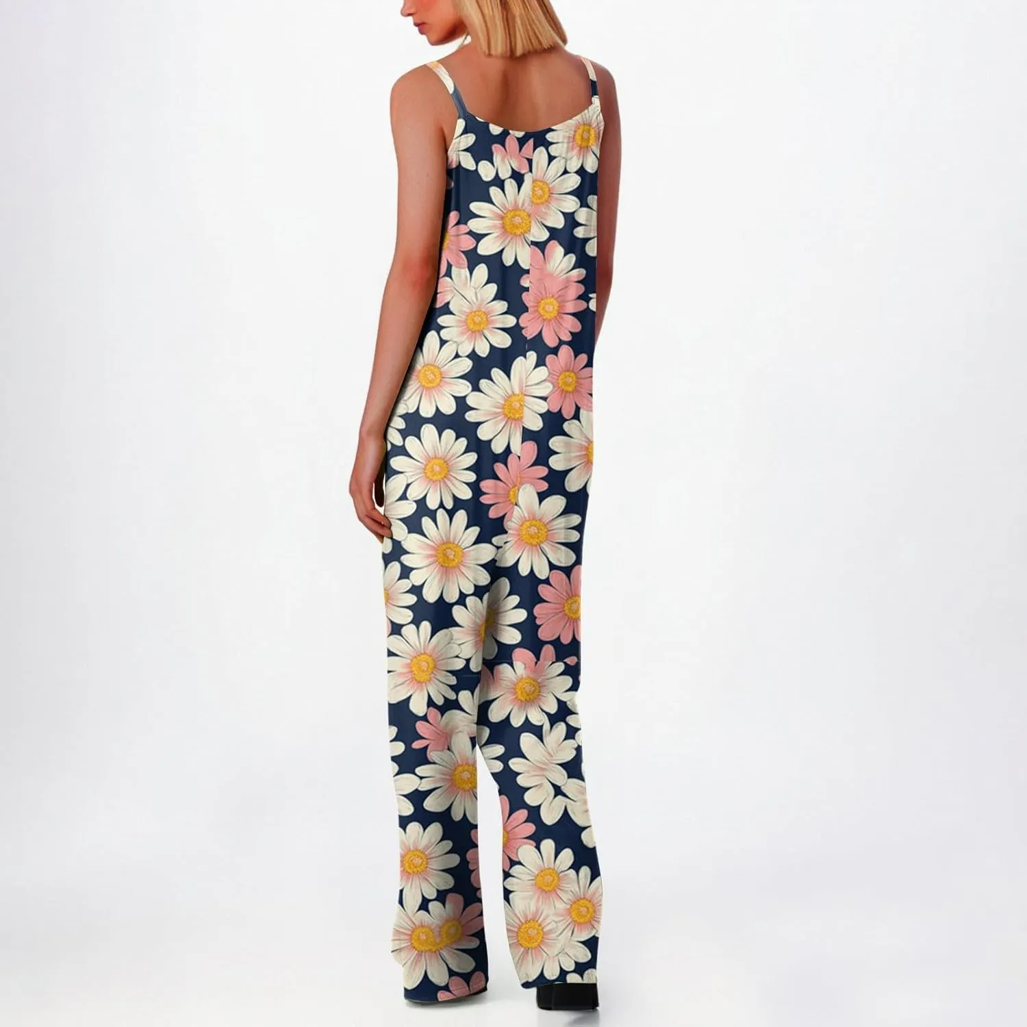HXHYQKP Jumpsuits for Women Casual Beach Fashion Summer Boho Wide Leg Rompers Sleeveless Overalls with Pockets