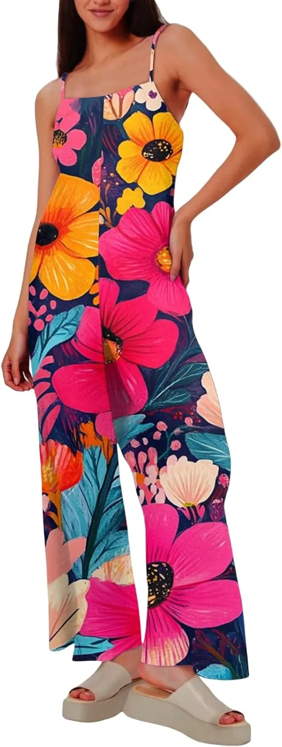 HXHYQKP Jumpsuits for Women Casual Beach Fashion Summer Boho Wide Leg Rompers Sleeveless Overalls with Pockets