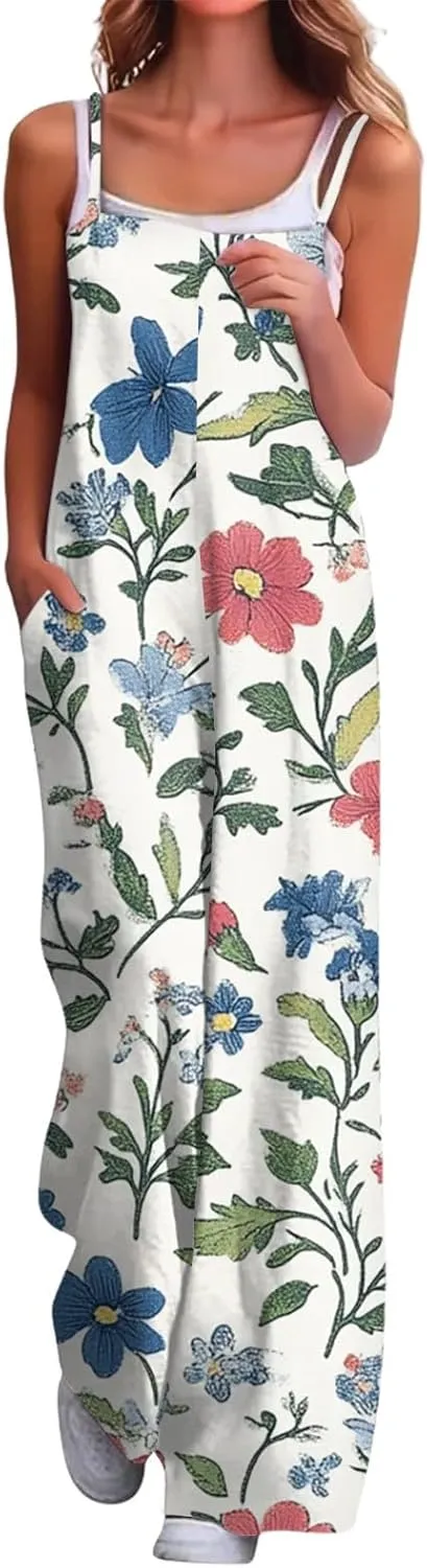 HXHYQKP Jumpsuits for Women Casual Beach Fashion Summer Boho Wide Leg Rompers Sleeveless Overalls with Pockets