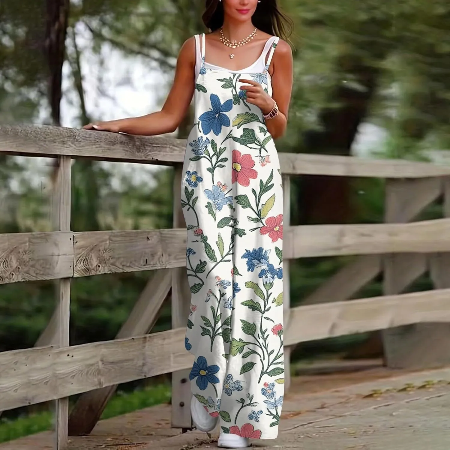 HXHYQKP Jumpsuits for Women Casual Beach Fashion Summer Boho Wide Leg Rompers Sleeveless Overalls with Pockets