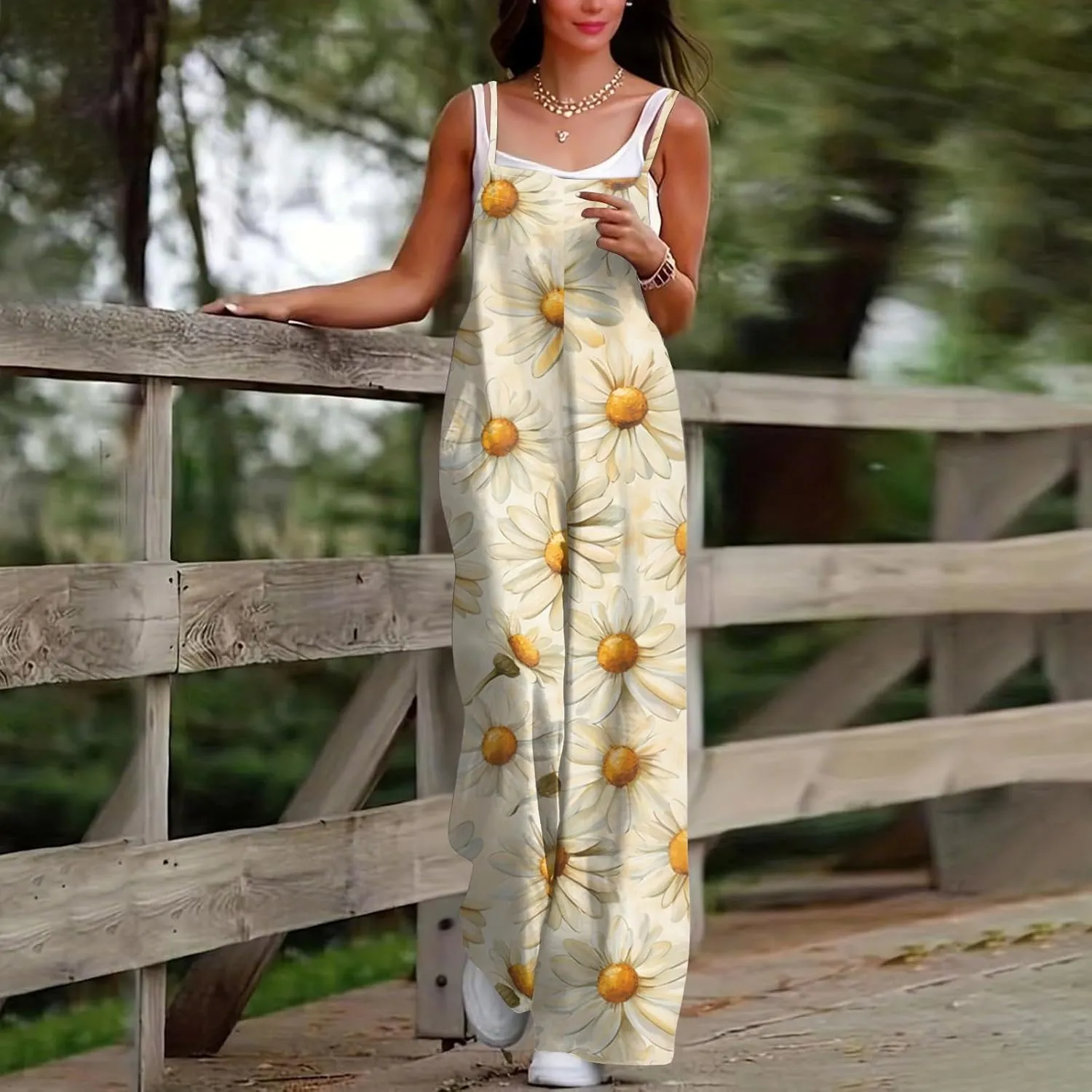 HXHYQKP Jumpsuits for Women Casual Beach Fashion Summer Boho Wide Leg Rompers Sleeveless Overalls with Pockets