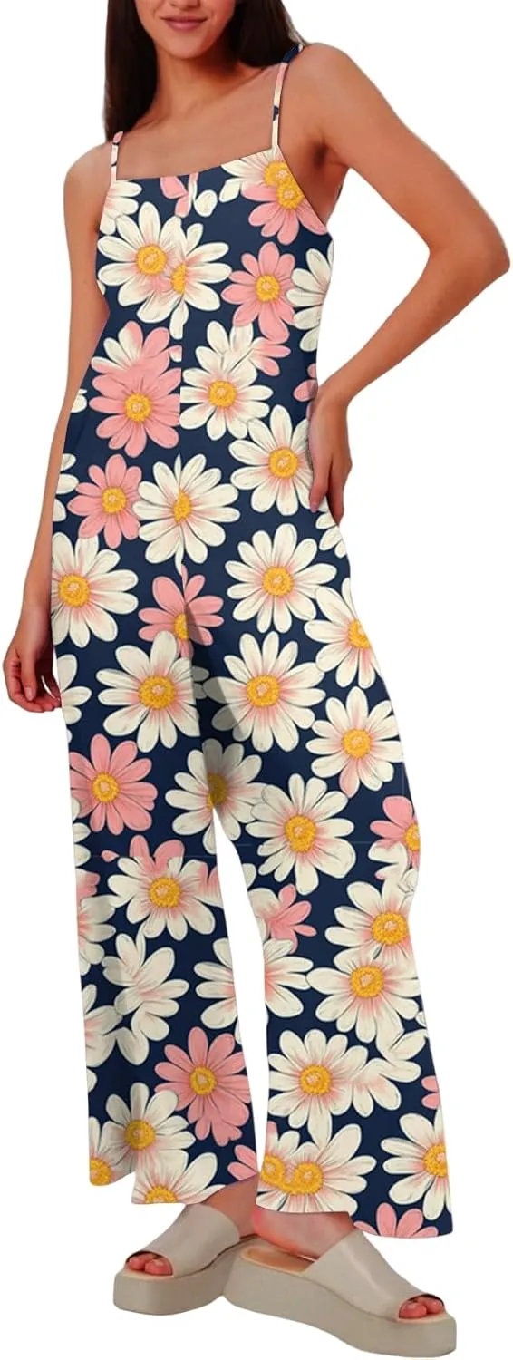 HXHYQKP Jumpsuits for Women Casual Beach Fashion Summer Boho Wide Leg Rompers Sleeveless Overalls with Pockets