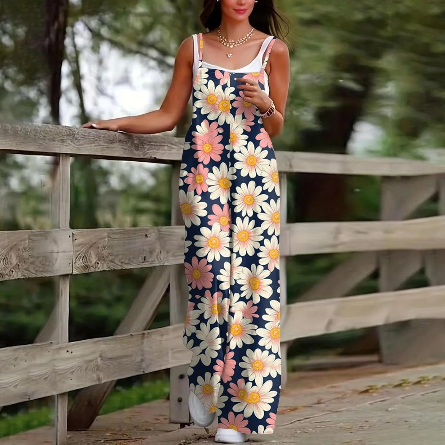 HXHYQKP Jumpsuits for Women Casual Beach Fashion Summer Boho Wide Leg Rompers Sleeveless Overalls with Pockets
