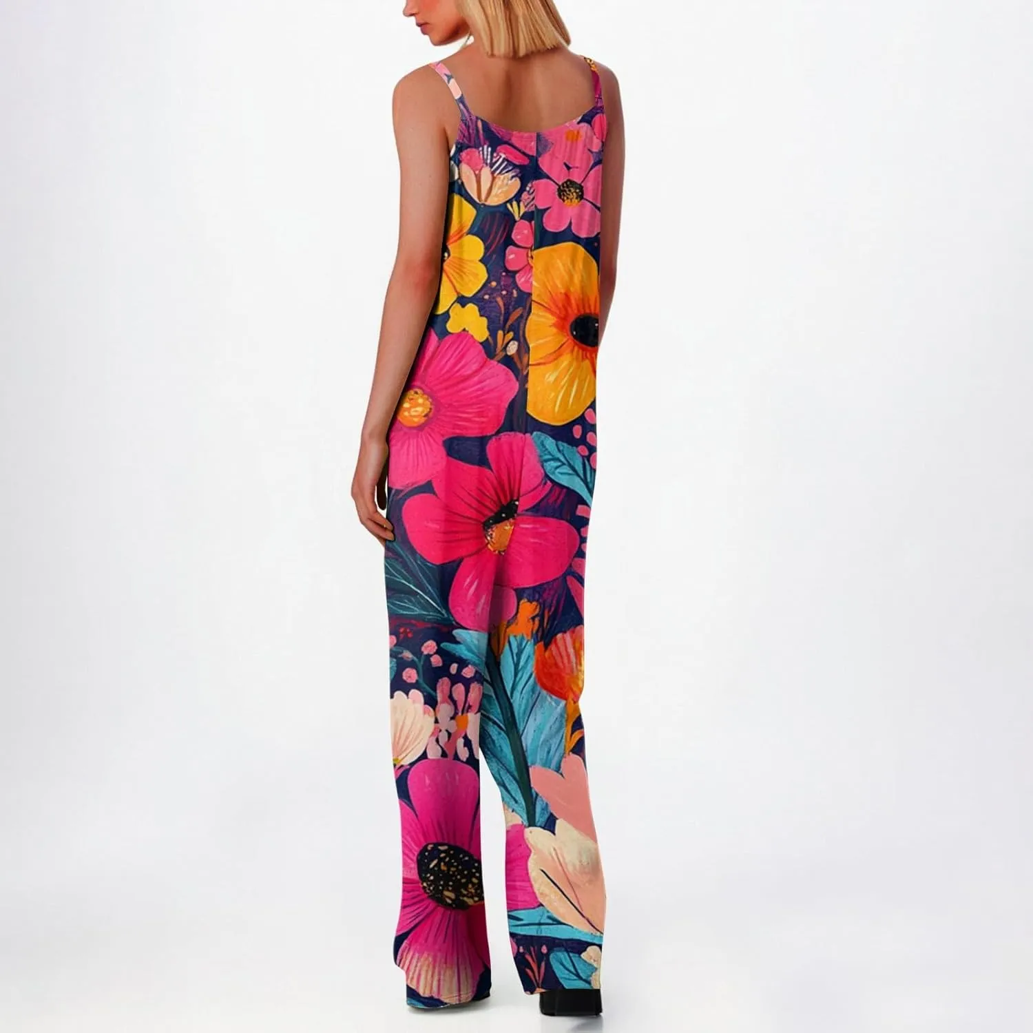 HXHYQKP Jumpsuits for Women Casual Beach Fashion Summer Boho Wide Leg Rompers Sleeveless Overalls with Pockets
