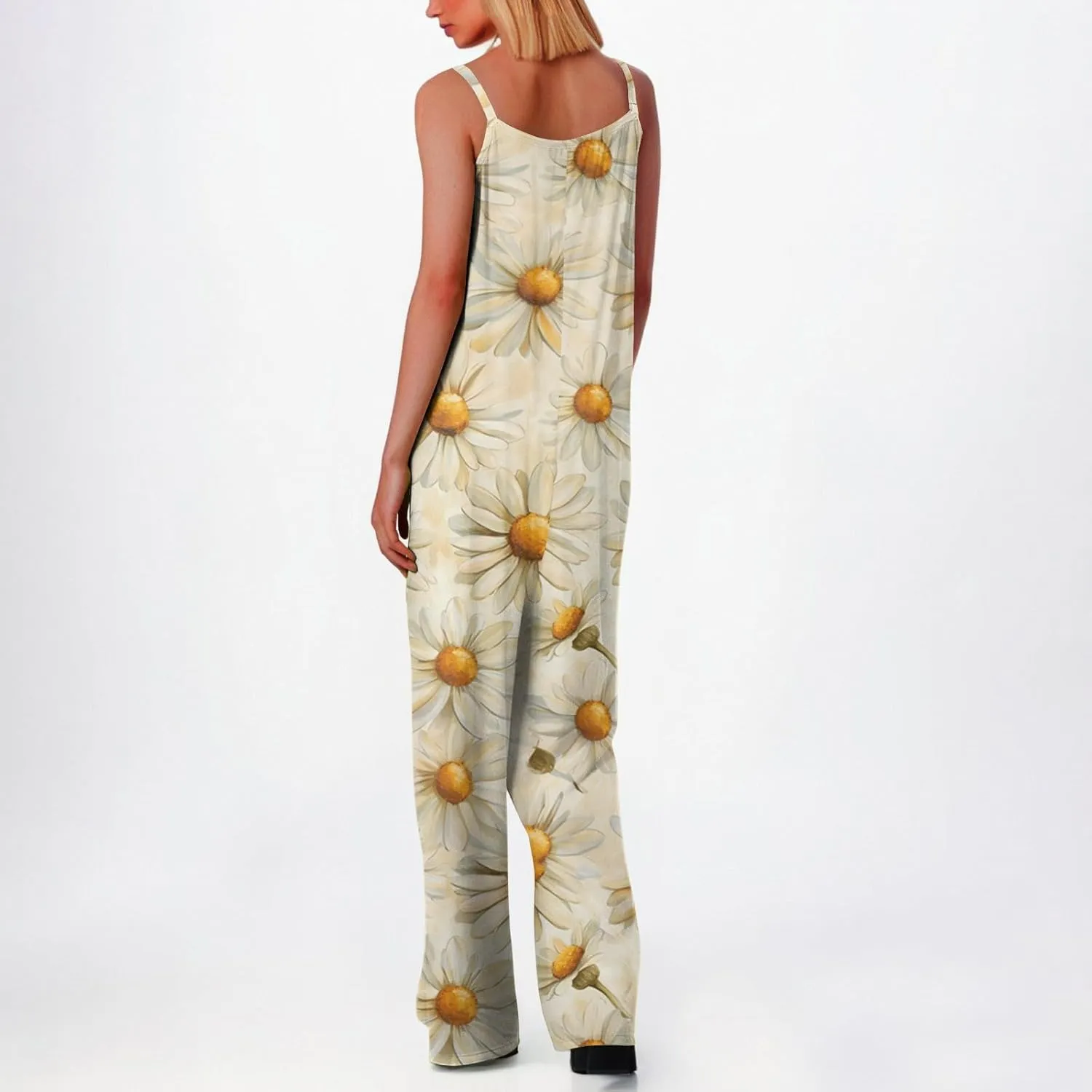 HXHYQKP Jumpsuits for Women Casual Beach Fashion Summer Boho Wide Leg Rompers Sleeveless Overalls with Pockets