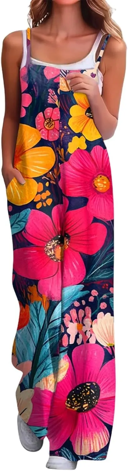 HXHYQKP Jumpsuits for Women Casual Beach Fashion Summer Boho Wide Leg Rompers Sleeveless Overalls with Pockets