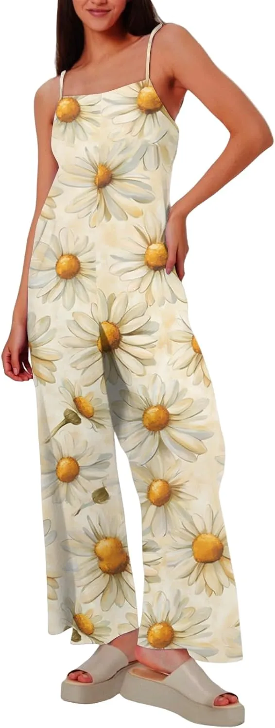 HXHYQKP Jumpsuits for Women Casual Beach Fashion Summer Boho Wide Leg Rompers Sleeveless Overalls with Pockets