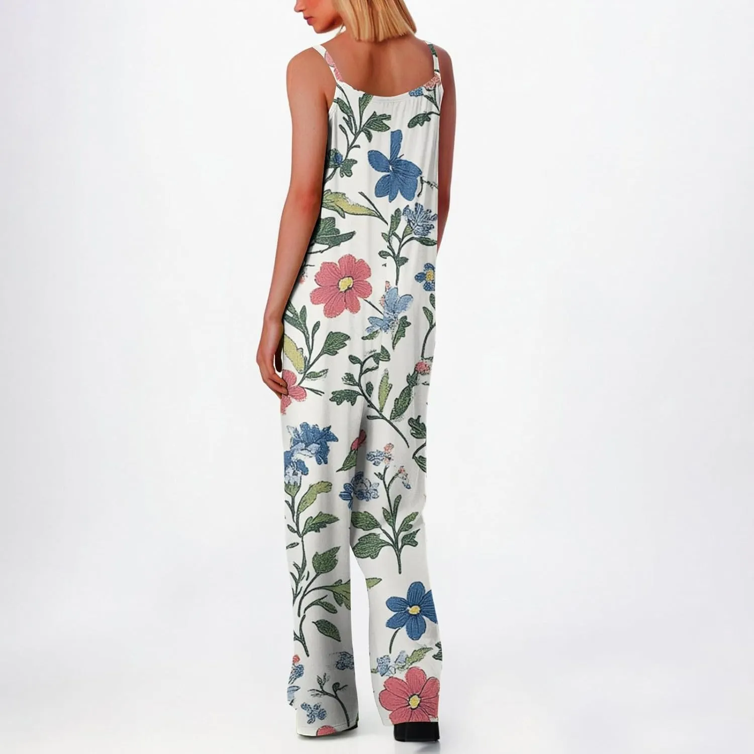 HXHYQKP Jumpsuits for Women Casual Beach Fashion Summer Boho Wide Leg Rompers Sleeveless Overalls with Pockets