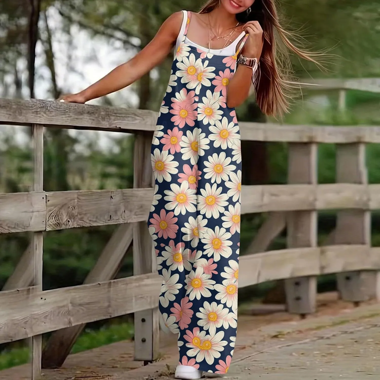 HXHYQKP Jumpsuits for Women Casual Beach Fashion Summer Boho Wide Leg Rompers Sleeveless Overalls with Pockets