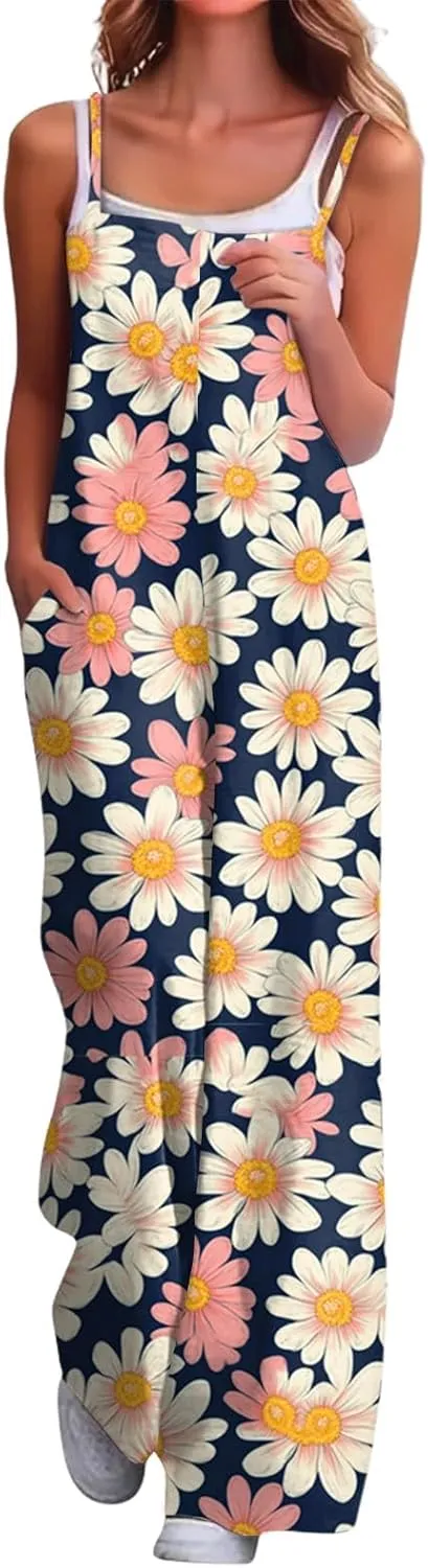 HXHYQKP Jumpsuits for Women Casual Beach Fashion Summer Boho Wide Leg Rompers Sleeveless Overalls with Pockets