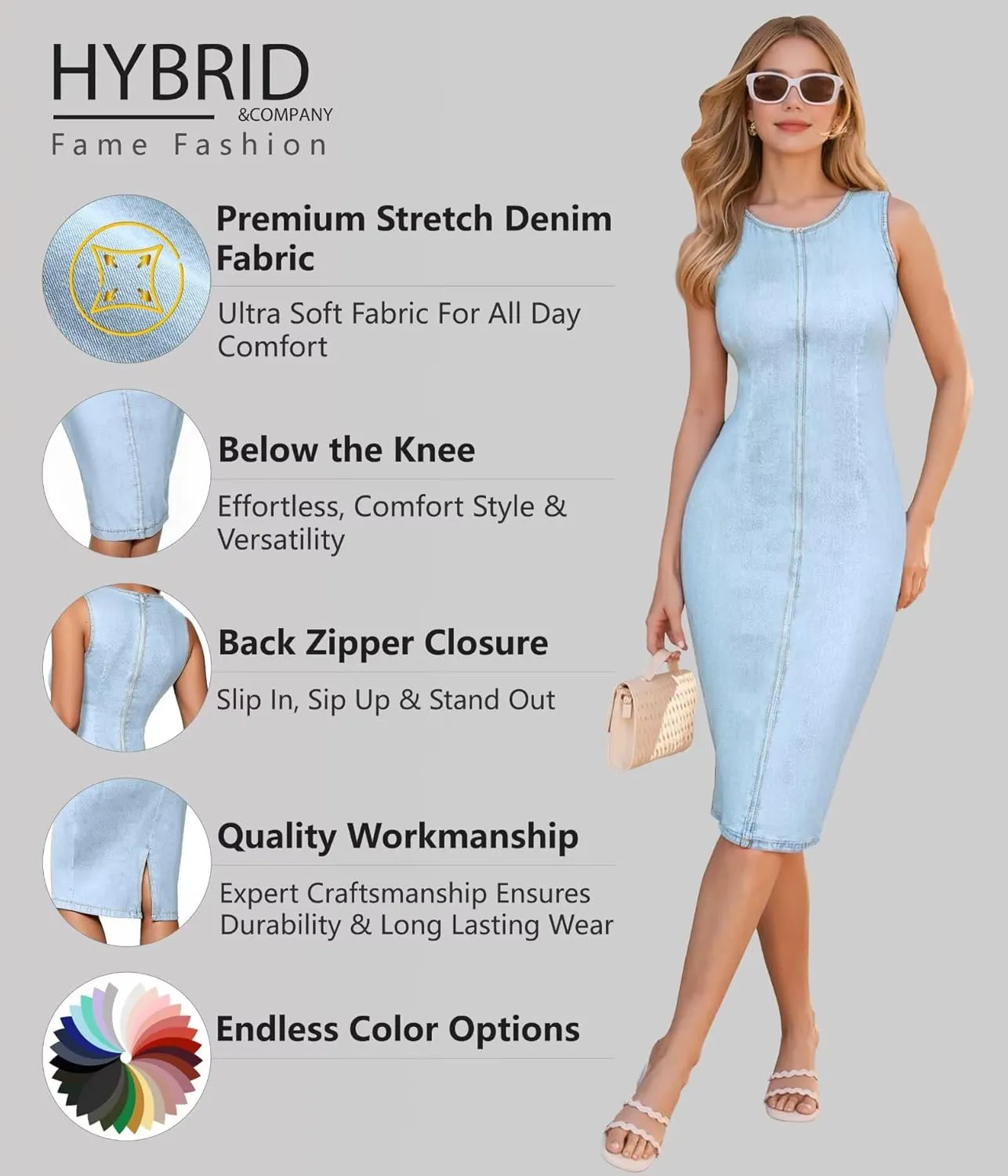 Hybrid & Company Womens Super Stretch Slim Fit Crew Neck Sleeveless Denim Dress