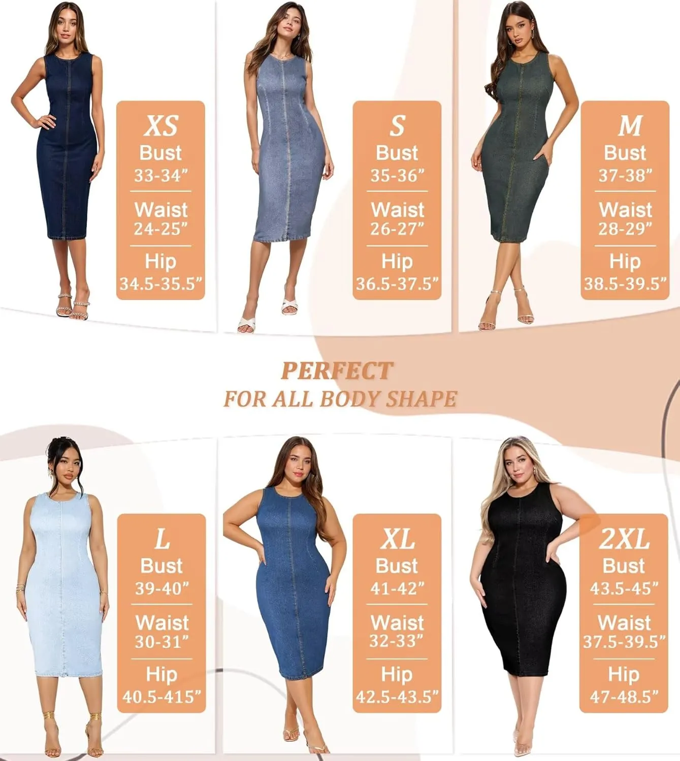 Hybrid & Company Womens Super Stretch Slim Fit Crew Neck Sleeveless Denim Dress