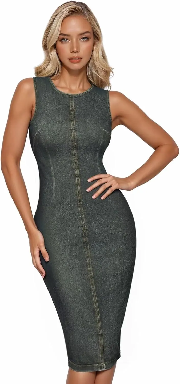 Hybrid & Company Womens Super Stretch Slim Fit Crew Neck Sleeveless Denim Dress