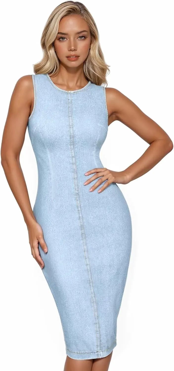 Hybrid & Company Womens Super Stretch Slim Fit Crew Neck Sleeveless Denim Dress