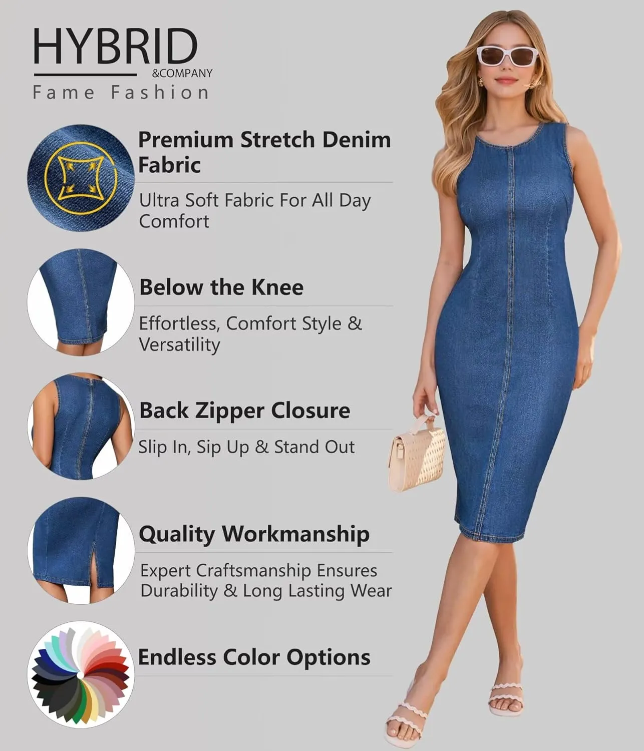 Hybrid & Company Womens Super Stretch Slim Fit Crew Neck Sleeveless Denim Dress