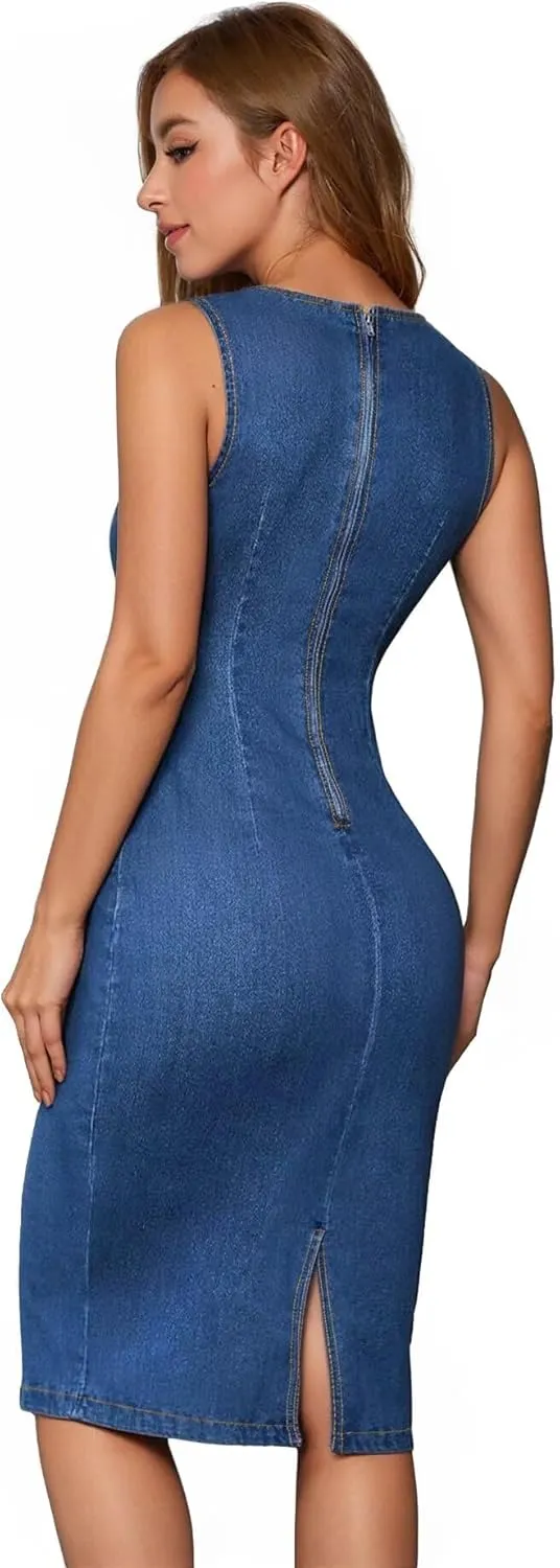 Hybrid & Company Womens Super Stretch Slim Fit Crew Neck Sleeveless Denim Dress