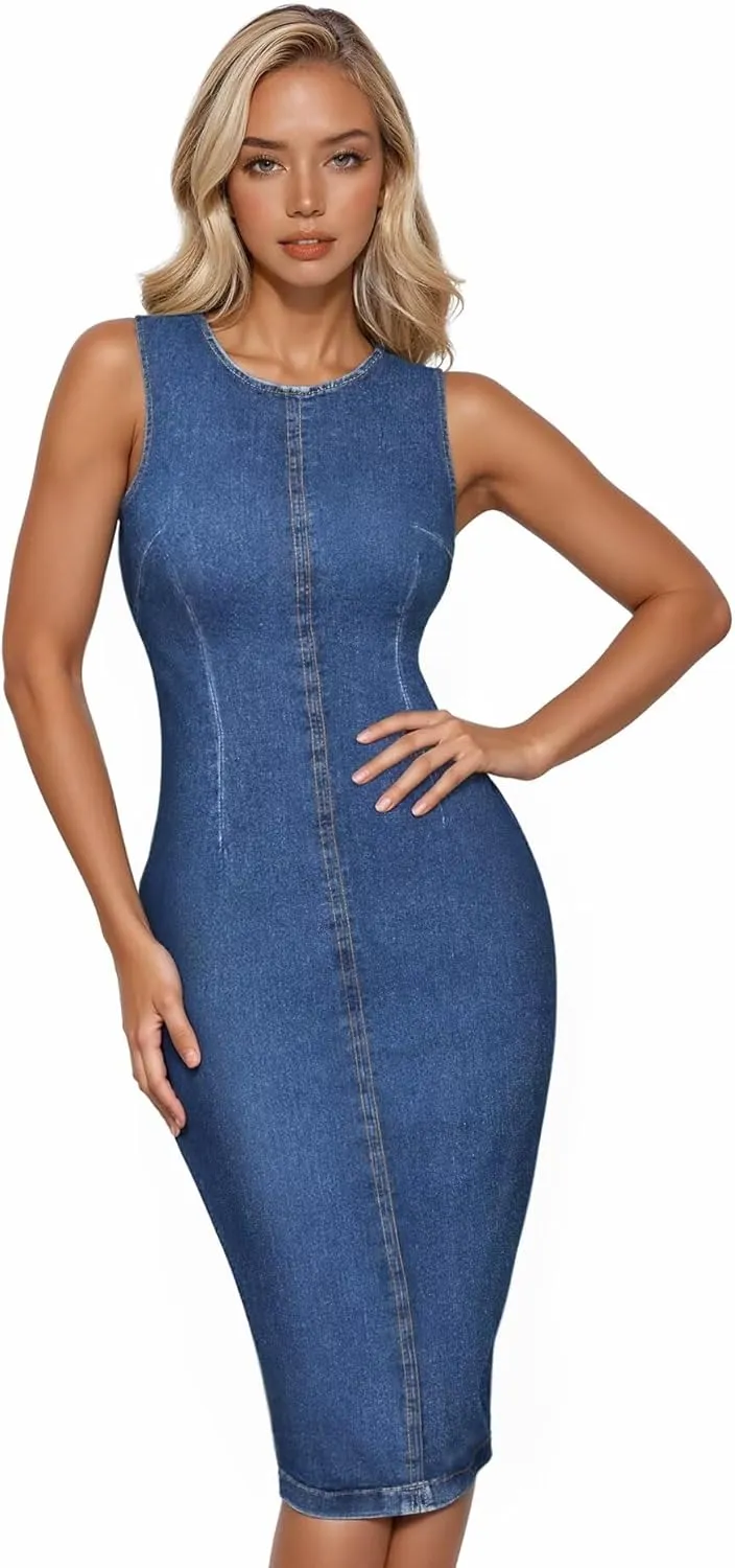 Hybrid & Company Womens Super Stretch Slim Fit Crew Neck Sleeveless Denim Dress