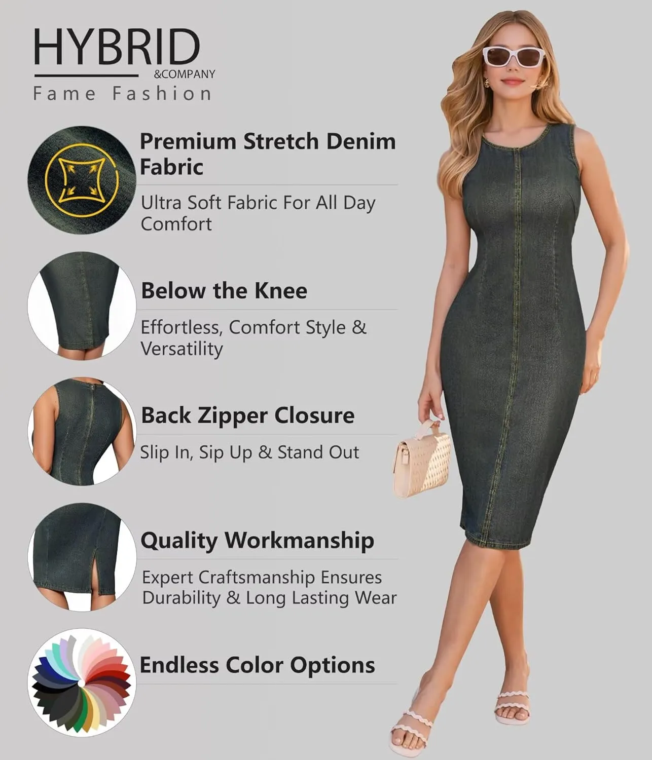 Hybrid & Company Womens Super Stretch Slim Fit Crew Neck Sleeveless Denim Dress