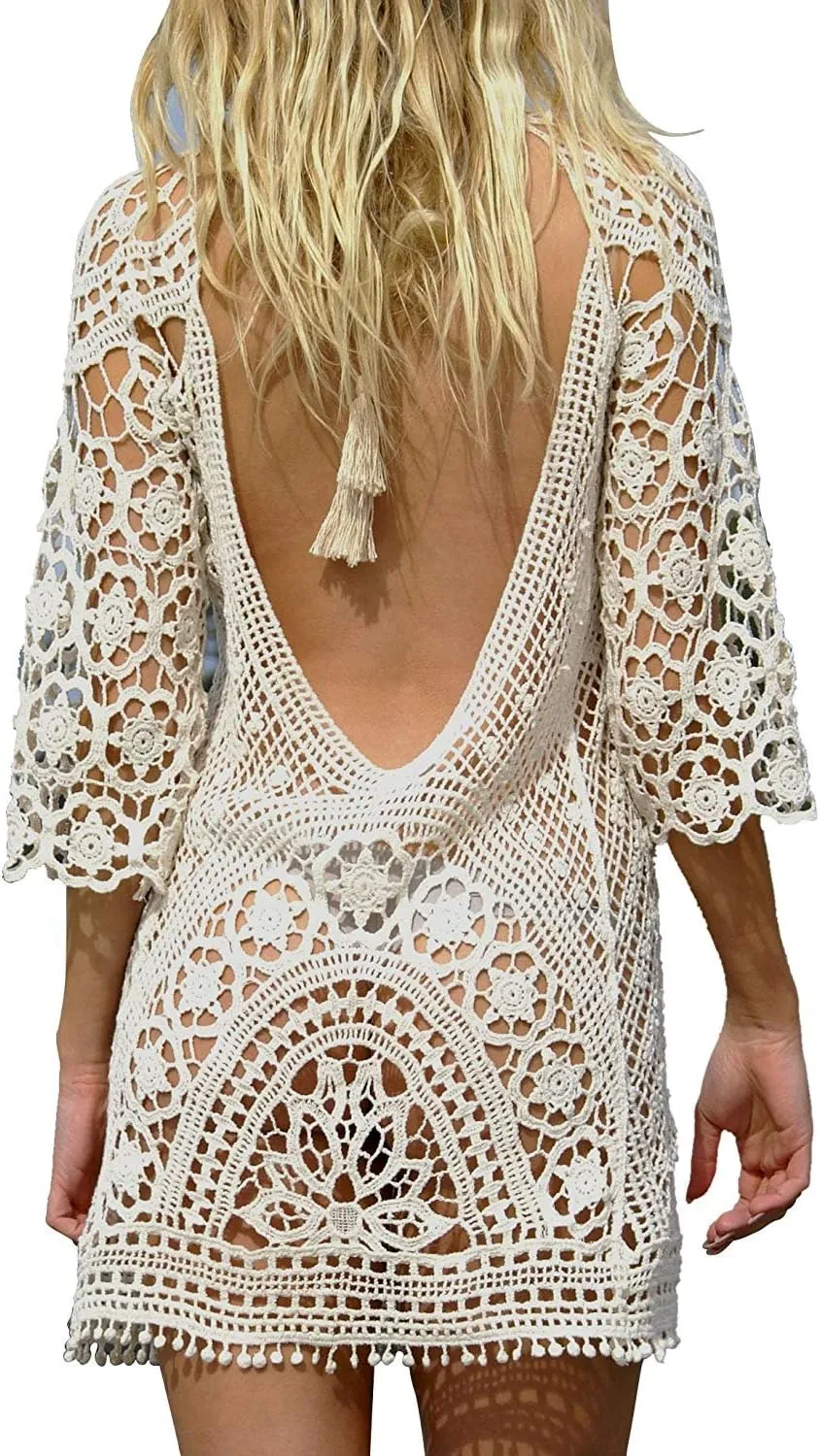 Jeasona Women??s Bathing Suit Cover Up Crochet Lace Bikini Swimsuit Dress