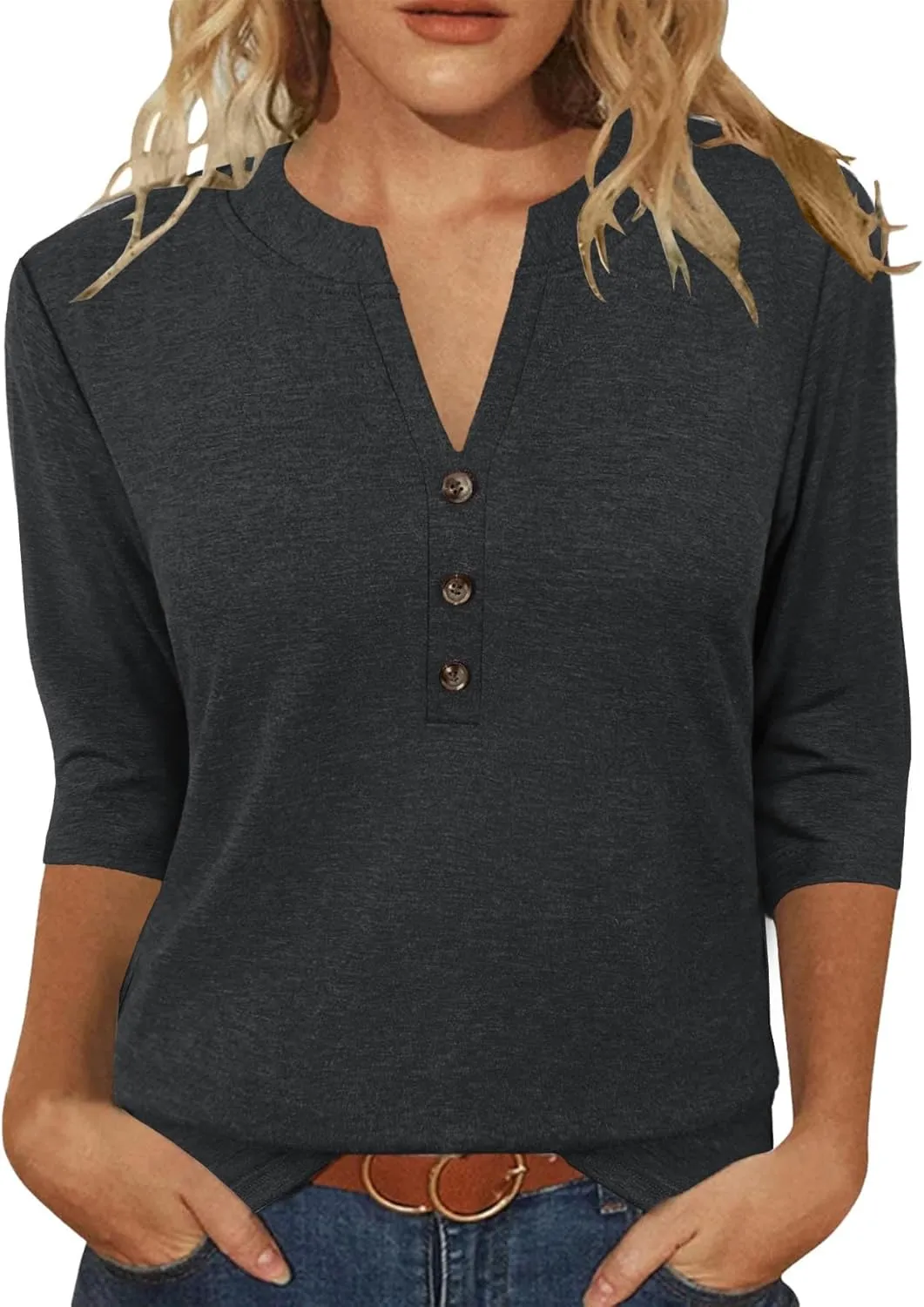 JomeDesign Womens Tops 3/4 Sleeve V Neck Shirts Dressy Casual Tunic Blouses Summer Tees