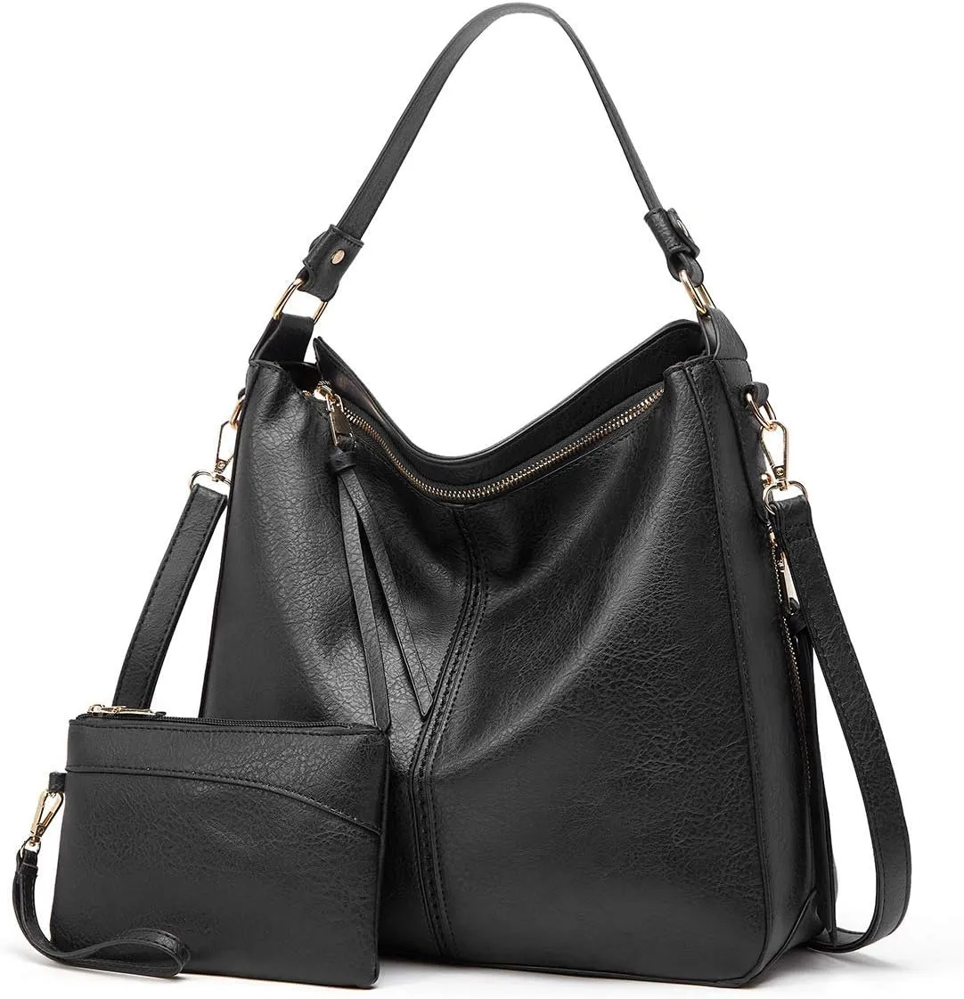 JONON Ladies Black PU Leather Tote Bag Fashion Hobo Bags Large Purse and Handbags with Adjustable Shoulder Strap, black