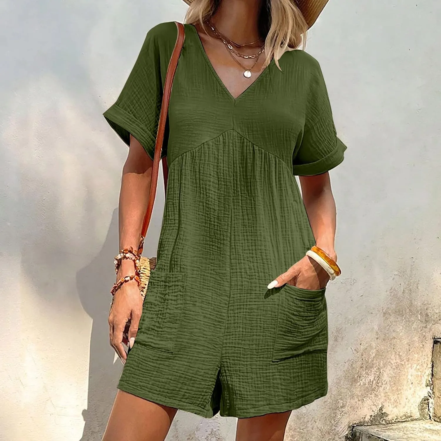 Jumpsuits for Women Summer Casual Loose V Neck Short Sleeve Jumpsuits Linen Trendy Comfy Shorts Rompers with Pockets