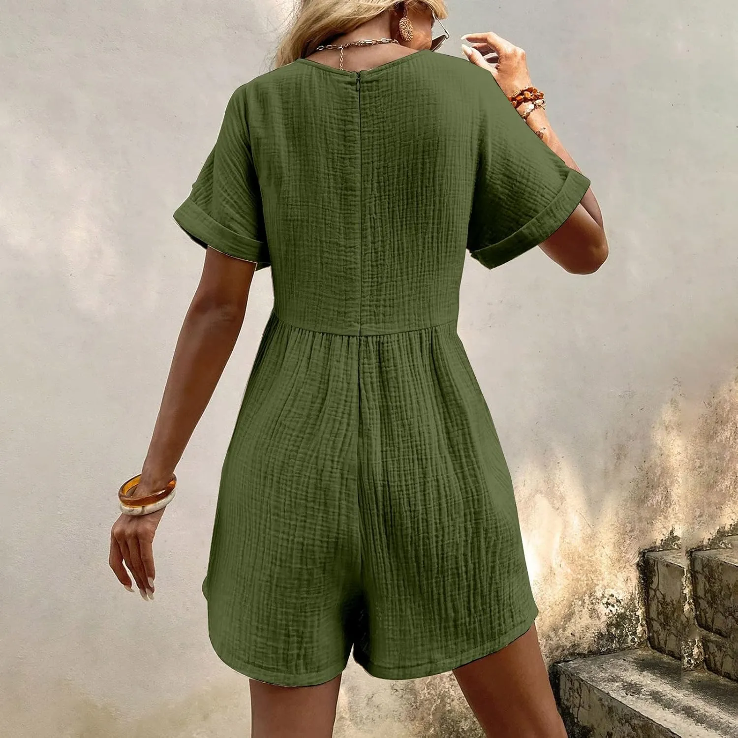 Jumpsuits for Women Summer Casual Loose V Neck Short Sleeve Jumpsuits Linen Trendy Comfy Shorts Rompers with Pockets