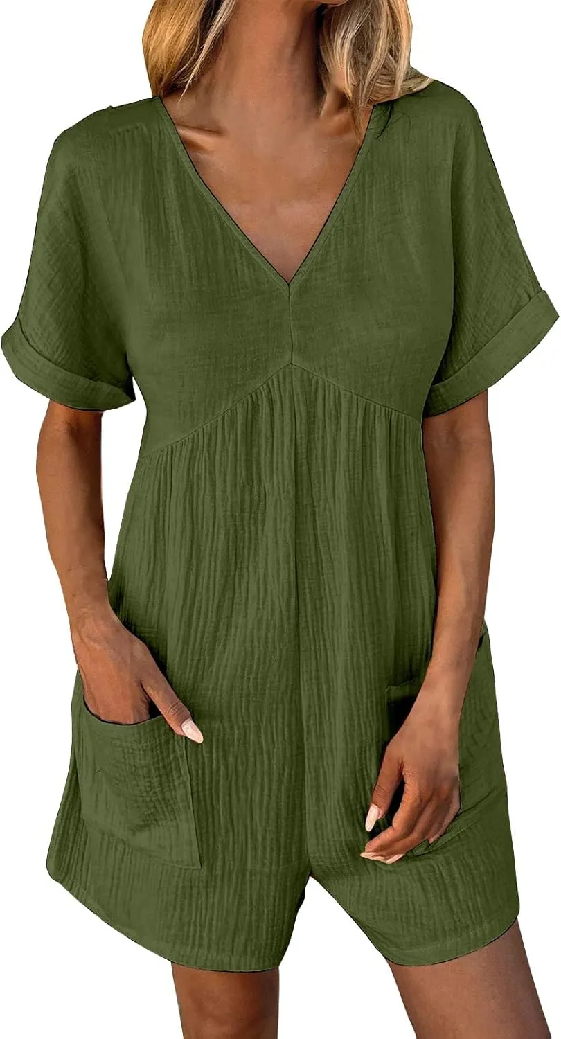 Jumpsuits for Women Summer Casual Loose V Neck Short Sleeve Jumpsuits Linen Trendy Comfy Shorts Rompers with Pockets