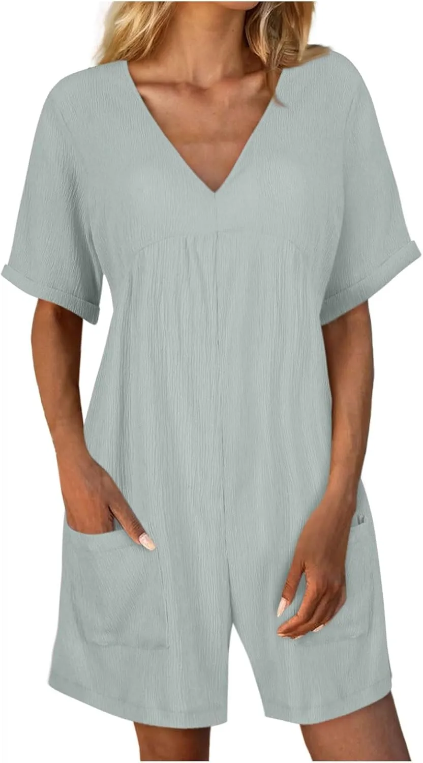 Jumpsuits for Women Summer Casual Loose V Neck Short Sleeve Jumpsuits Linen Trendy Comfy Shorts Rompers with Pockets