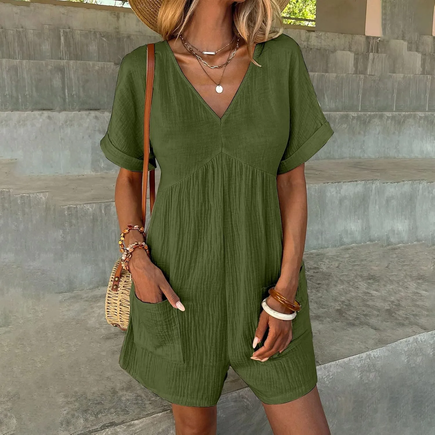 Jumpsuits for Women Summer Casual Loose V Neck Short Sleeve Jumpsuits Linen Trendy Comfy Shorts Rompers with Pockets