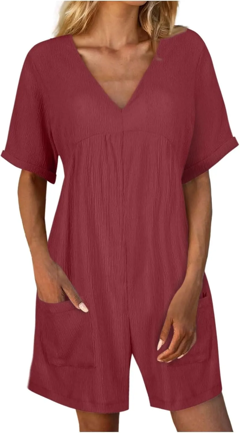 Jumpsuits for Women Summer Casual Loose V Neck Short Sleeve Jumpsuits Linen Trendy Comfy Shorts Rompers with Pockets