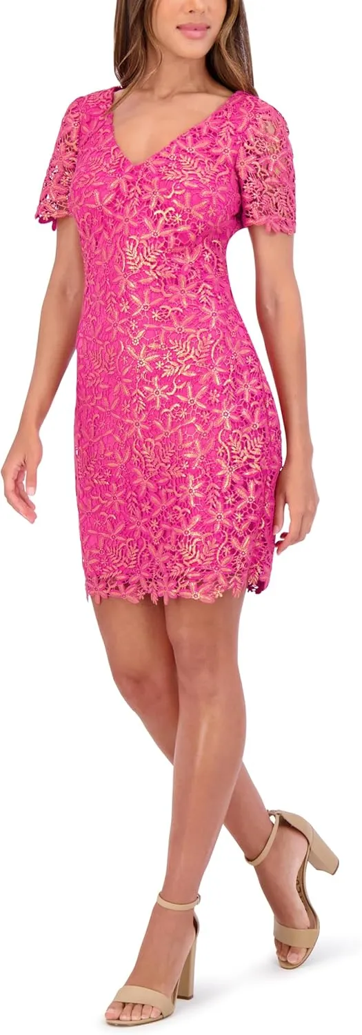 kensie Women's Floral Lace V-Neck Mini Dress