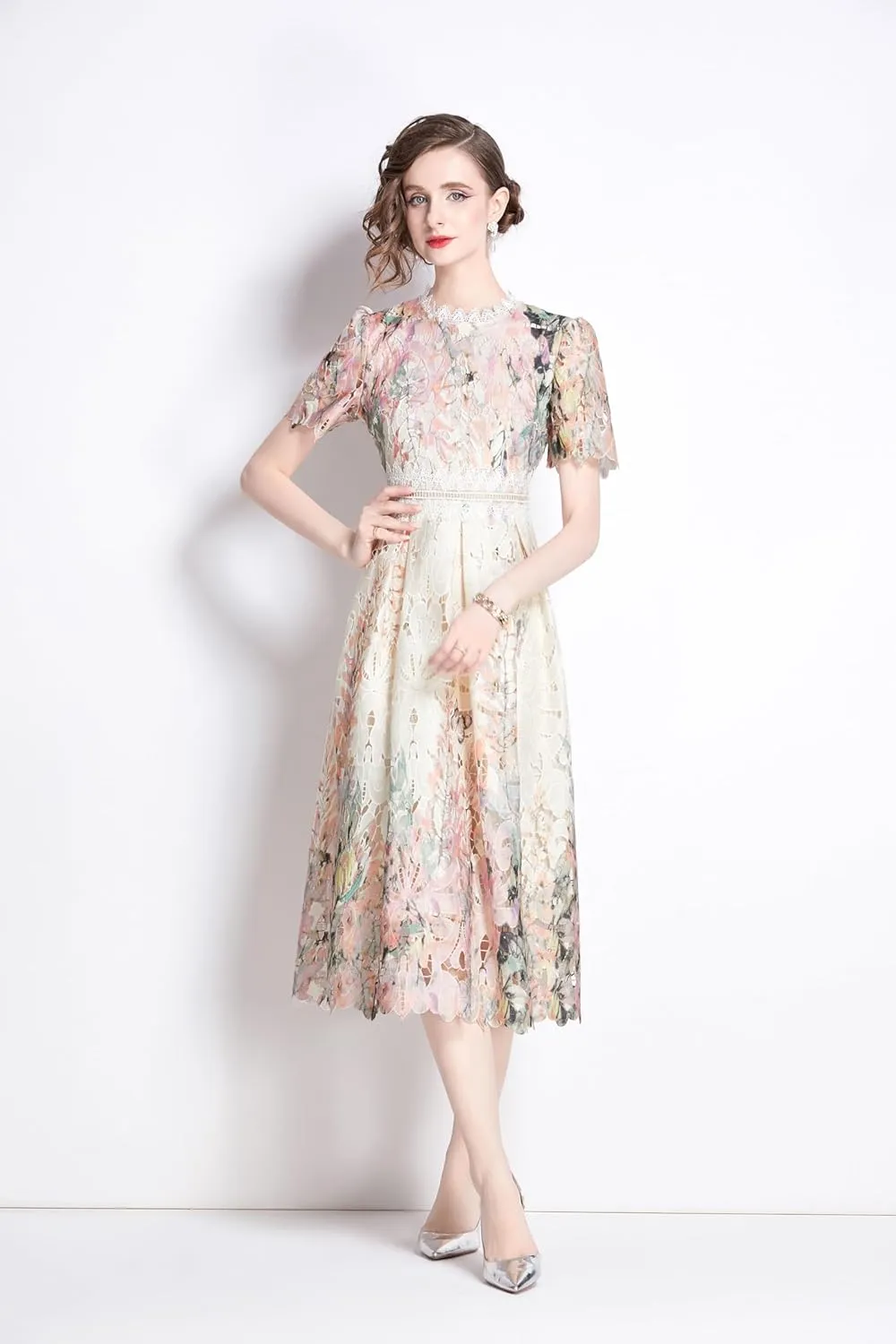 LAI MENG FIVE CATS Women's Lace Floral Short Sleeve Crochet Waist Cocktail Midi Dress