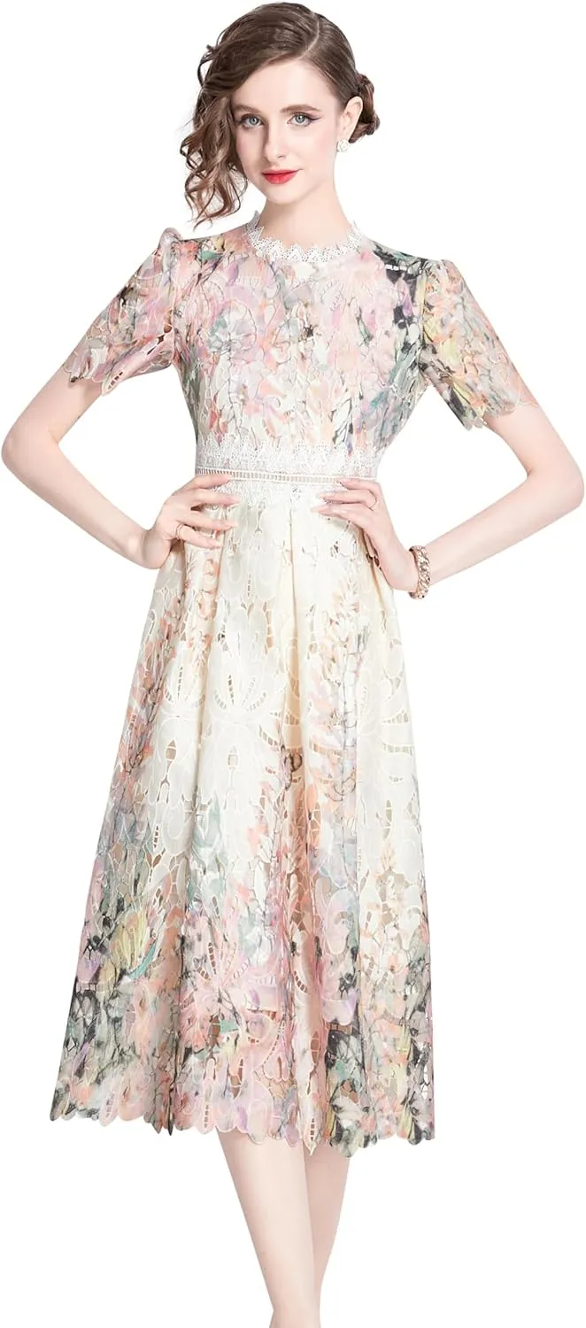 LAI MENG FIVE CATS Women's Lace Floral Short Sleeve Crochet Waist Cocktail Midi Dress