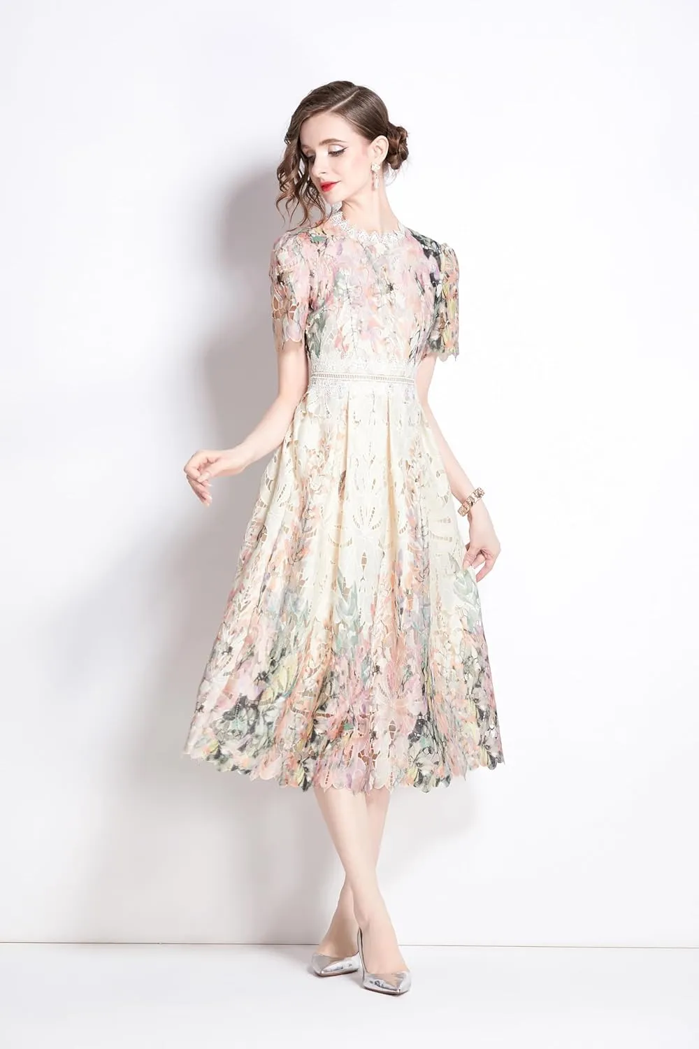 LAI MENG FIVE CATS Women's Lace Floral Short Sleeve Crochet Waist Cocktail Midi Dress