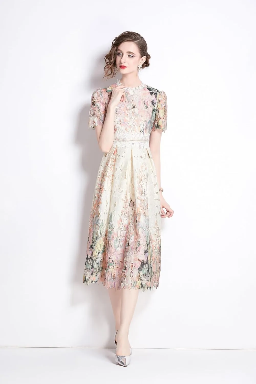 LAI MENG FIVE CATS Women's Lace Floral Short Sleeve Crochet Waist Cocktail Midi Dress