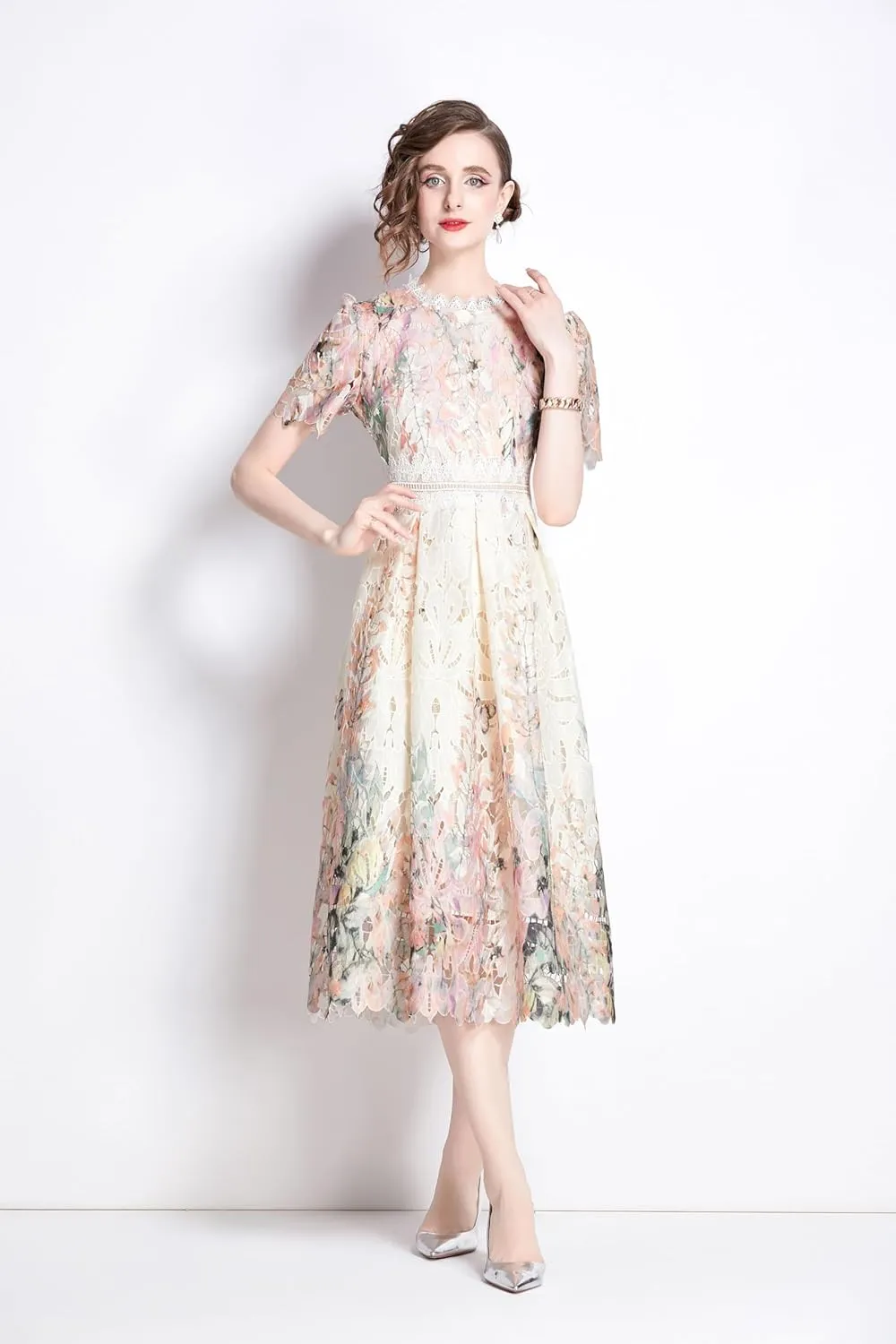 LAI MENG FIVE CATS Women's Lace Floral Short Sleeve Crochet Waist Cocktail Midi Dress