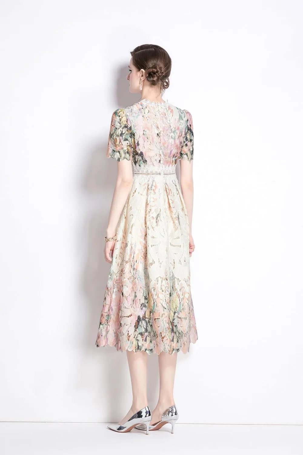 LAI MENG FIVE CATS Women's Lace Floral Short Sleeve Crochet Waist Cocktail Midi Dress