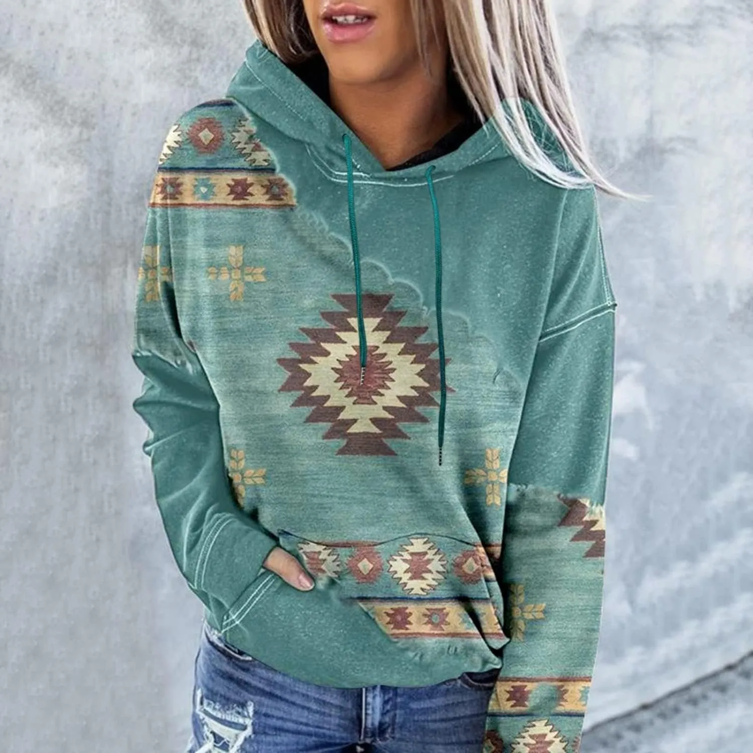 Lanaoree Women's Western Ethnic Style Print Aztec Hoodie Pullover Cowgirl Rhombus Printed Hooded Sweatshirt