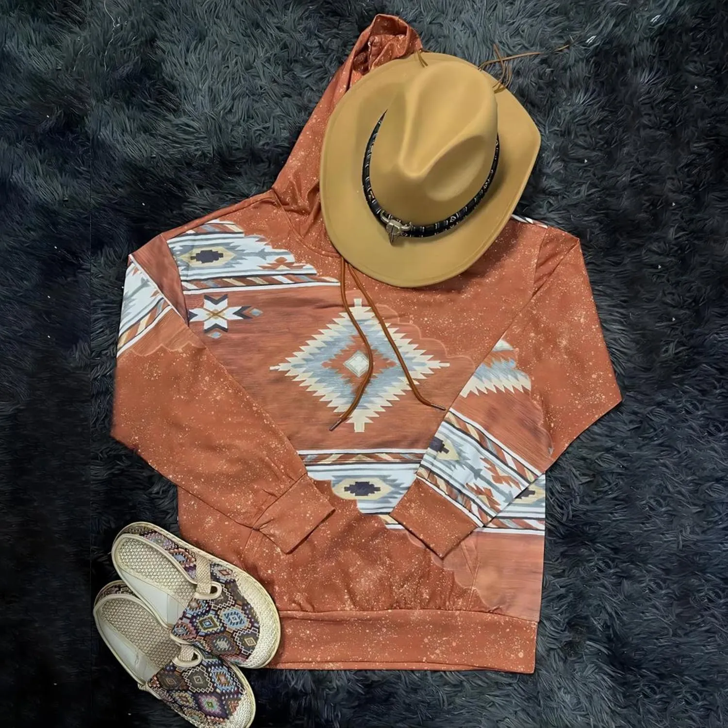 Lanaoree Women's Western Ethnic Style Print Aztec Hoodie Pullover Cowgirl Rhombus Printed Hooded Sweatshirt