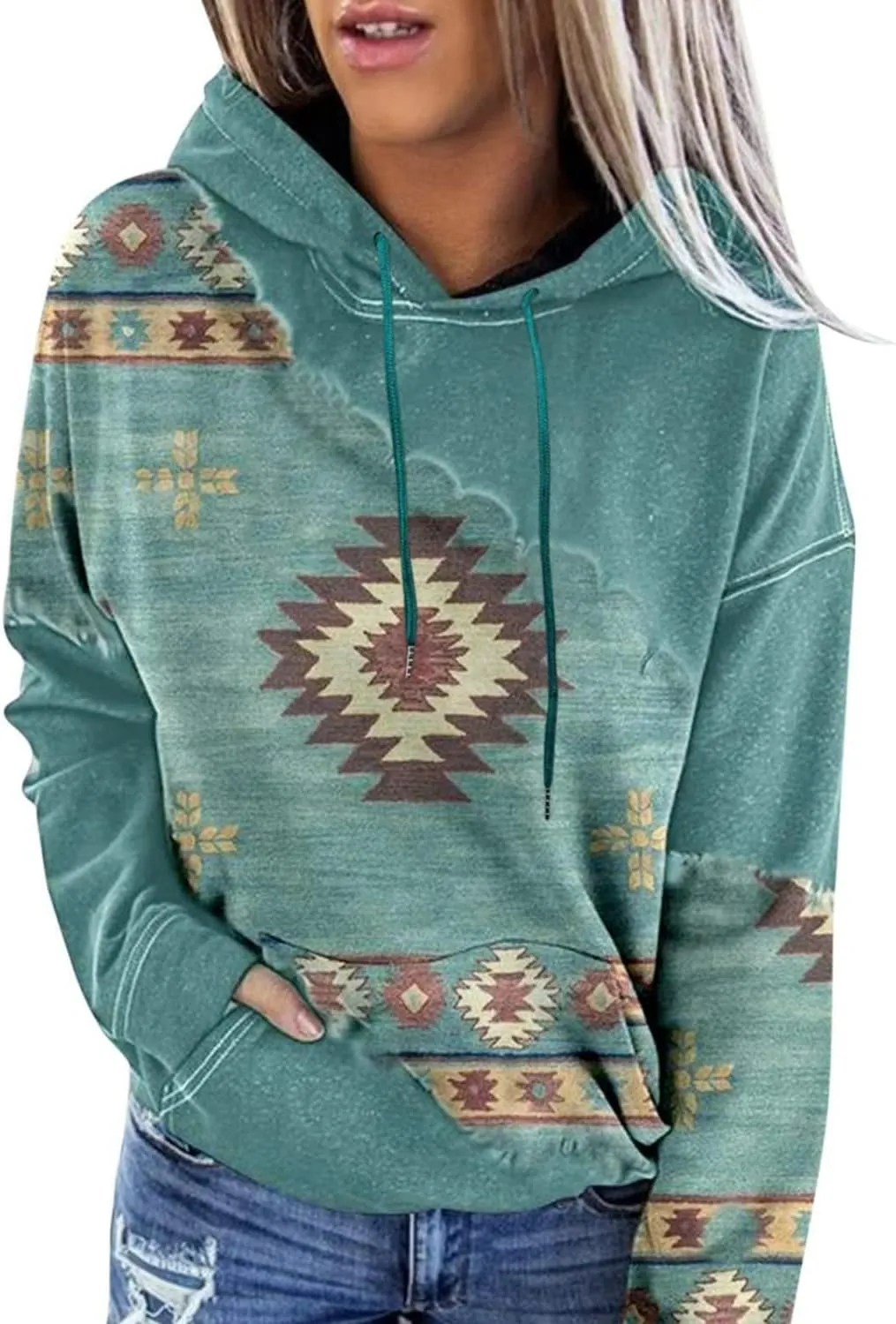 Lanaoree Women's Western Ethnic Style Print Aztec Hoodie Pullover Cowgirl Rhombus Printed Hooded Sweatshirt
