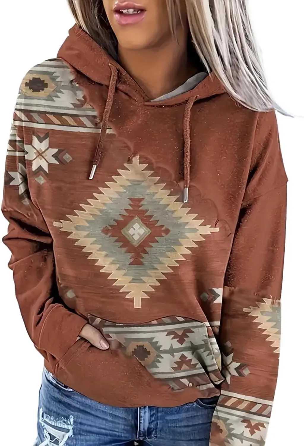 Lanaoree Women's Western Ethnic Style Print Aztec Hoodie Pullover Cowgirl Rhombus Printed Hooded Sweatshirt