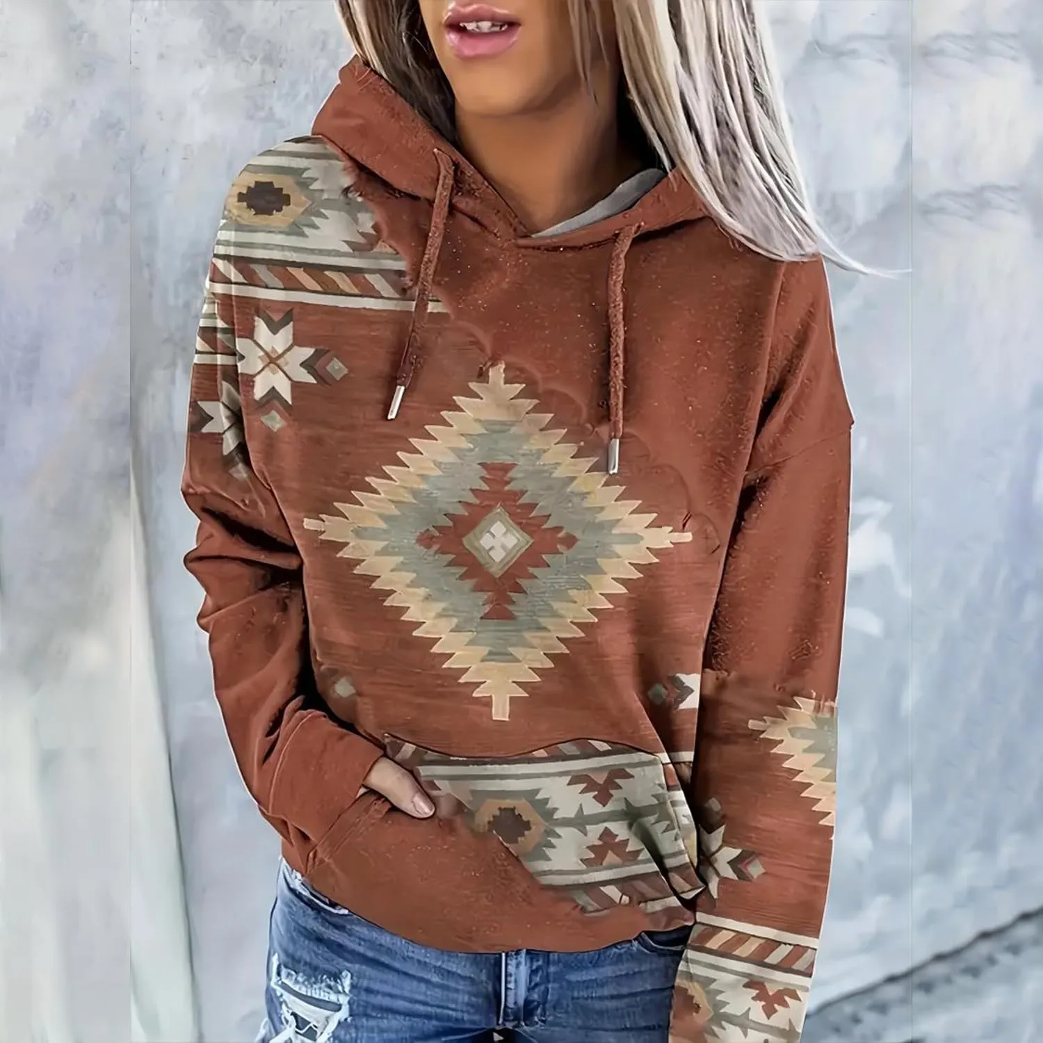 Lanaoree Women's Western Ethnic Style Print Aztec Hoodie Pullover Cowgirl Rhombus Printed Hooded Sweatshirt
