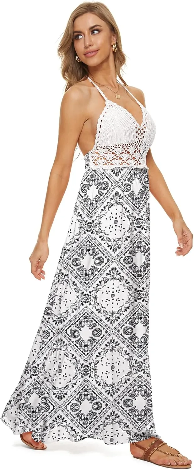 LILBETTER Women's Beach Crochet Backless Bohemian Halter Maxi Long Dress